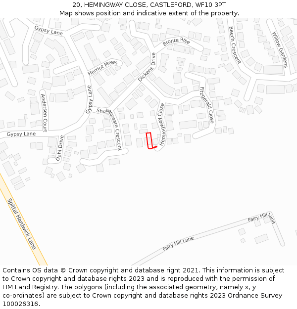 20, HEMINGWAY CLOSE, CASTLEFORD, WF10 3PT: Location map and indicative extent of plot