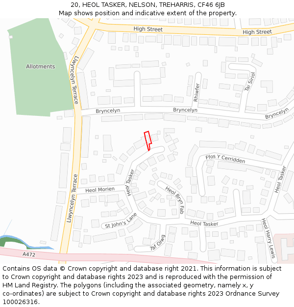 20, HEOL TASKER, NELSON, TREHARRIS, CF46 6JB: Location map and indicative extent of plot