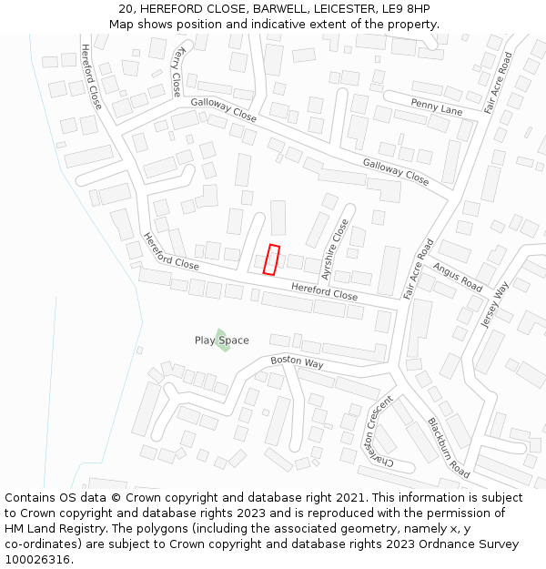 20, HEREFORD CLOSE, BARWELL, LEICESTER, LE9 8HP: Location map and indicative extent of plot