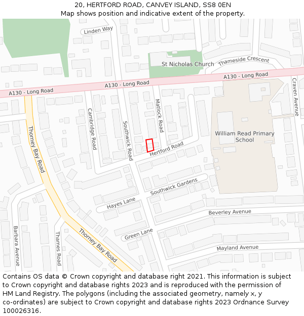 20, HERTFORD ROAD, CANVEY ISLAND, SS8 0EN: Location map and indicative extent of plot