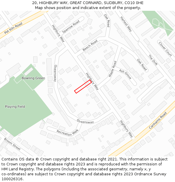 20, HIGHBURY WAY, GREAT CORNARD, SUDBURY, CO10 0HE: Location map and indicative extent of plot