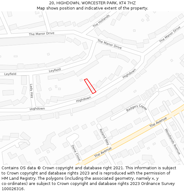 20, HIGHDOWN, WORCESTER PARK, KT4 7HZ: Location map and indicative extent of plot
