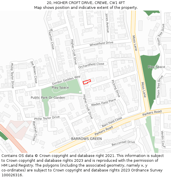 20, HIGHER CROFT DRIVE, CREWE, CW1 4FT: Location map and indicative extent of plot