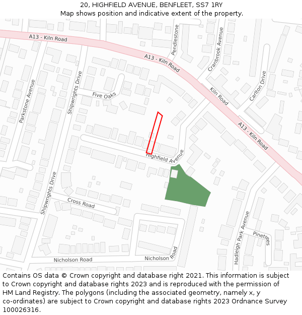 20, HIGHFIELD AVENUE, BENFLEET, SS7 1RY: Location map and indicative extent of plot