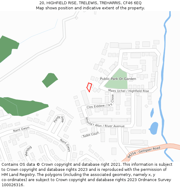 20, HIGHFIELD RISE, TRELEWIS, TREHARRIS, CF46 6EQ: Location map and indicative extent of plot