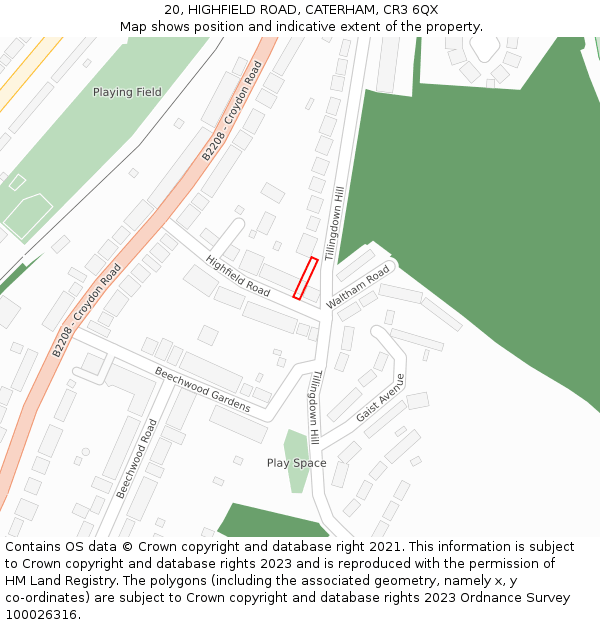 20, HIGHFIELD ROAD, CATERHAM, CR3 6QX: Location map and indicative extent of plot