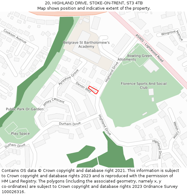 20, HIGHLAND DRIVE, STOKE-ON-TRENT, ST3 4TB: Location map and indicative extent of plot