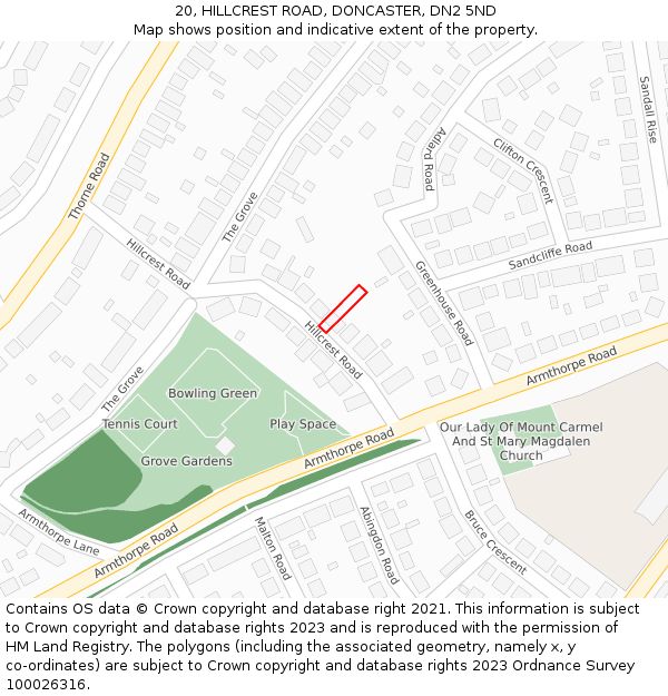 20, HILLCREST ROAD, DONCASTER, DN2 5ND: Location map and indicative extent of plot