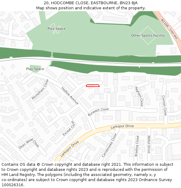 20, HODCOMBE CLOSE, EASTBOURNE, BN23 8JA: Location map and indicative extent of plot