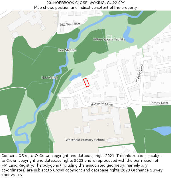 20, HOEBROOK CLOSE, WOKING, GU22 9PY: Location map and indicative extent of plot