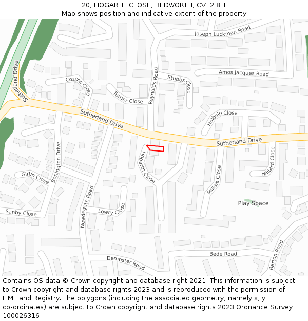 20, HOGARTH CLOSE, BEDWORTH, CV12 8TL: Location map and indicative extent of plot