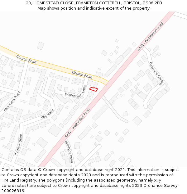 20, HOMESTEAD CLOSE, FRAMPTON COTTERELL, BRISTOL, BS36 2FB: Location map and indicative extent of plot