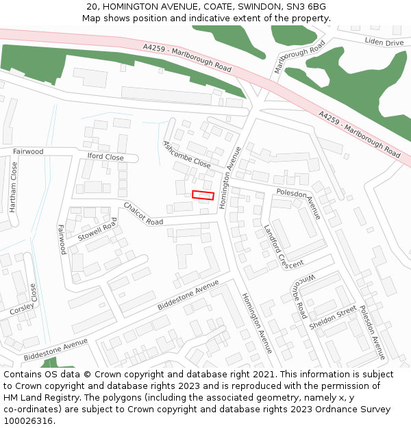 20, HOMINGTON AVENUE, COATE, SWINDON, SN3 6BG: Location map and indicative extent of plot