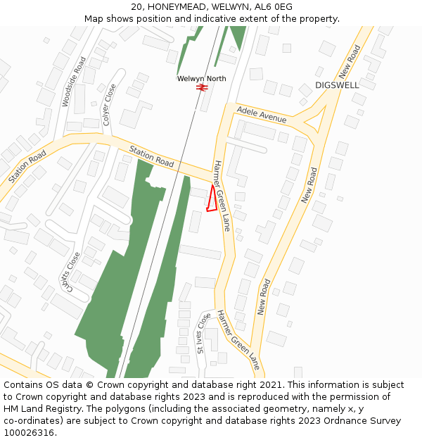 20, HONEYMEAD, WELWYN, AL6 0EG: Location map and indicative extent of plot