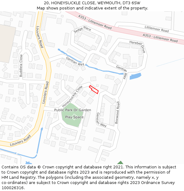 20, HONEYSUCKLE CLOSE, WEYMOUTH, DT3 6SW: Location map and indicative extent of plot