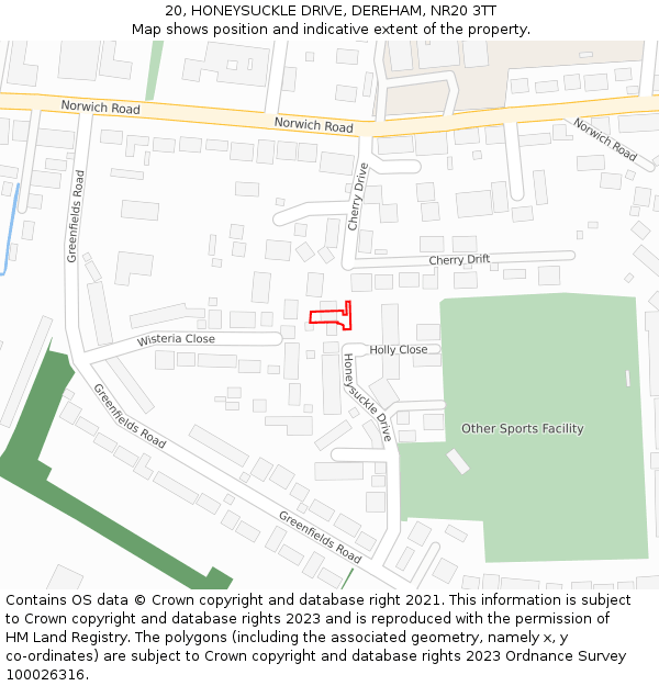 20, HONEYSUCKLE DRIVE, DEREHAM, NR20 3TT: Location map and indicative extent of plot