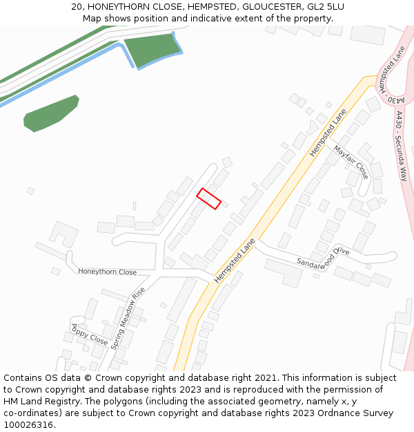 20, HONEYTHORN CLOSE, HEMPSTED, GLOUCESTER, GL2 5LU: Location map and indicative extent of plot