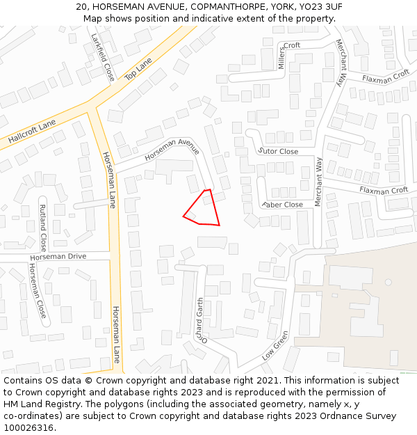 20, HORSEMAN AVENUE, COPMANTHORPE, YORK, YO23 3UF: Location map and indicative extent of plot