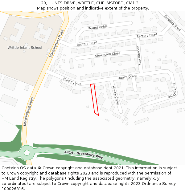 20, HUNTS DRIVE, WRITTLE, CHELMSFORD, CM1 3HH: Location map and indicative extent of plot