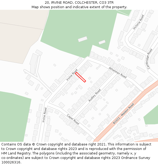 20, IRVINE ROAD, COLCHESTER, CO3 3TR: Location map and indicative extent of plot