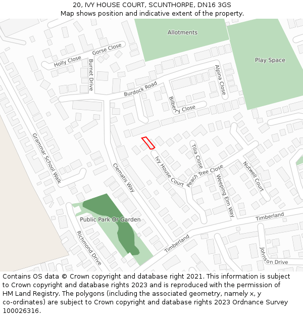 20, IVY HOUSE COURT, SCUNTHORPE, DN16 3GS: Location map and indicative extent of plot