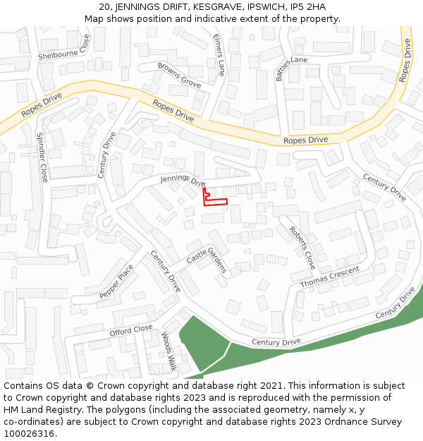 20, JENNINGS DRIFT, KESGRAVE, IPSWICH, IP5 2HA: Location map and indicative extent of plot