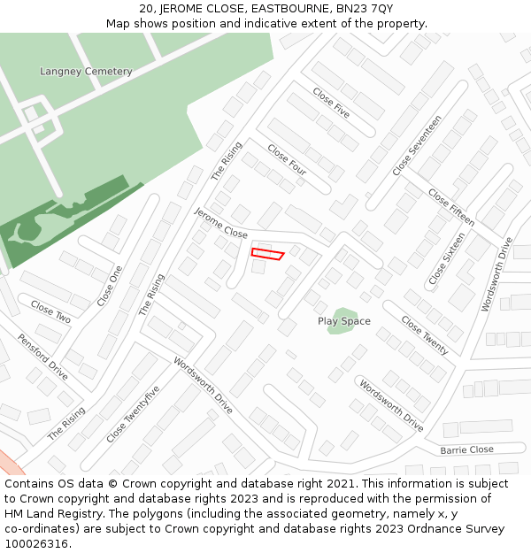 20, JEROME CLOSE, EASTBOURNE, BN23 7QY: Location map and indicative extent of plot