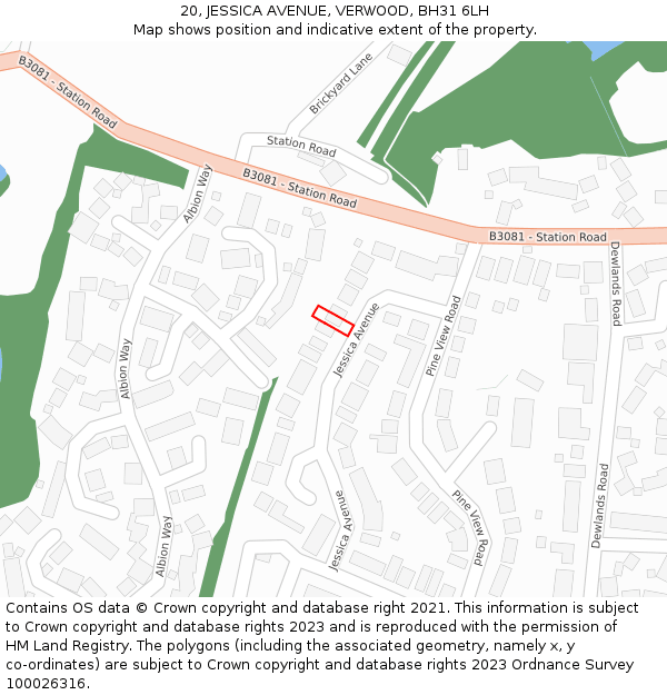 20, JESSICA AVENUE, VERWOOD, BH31 6LH: Location map and indicative extent of plot