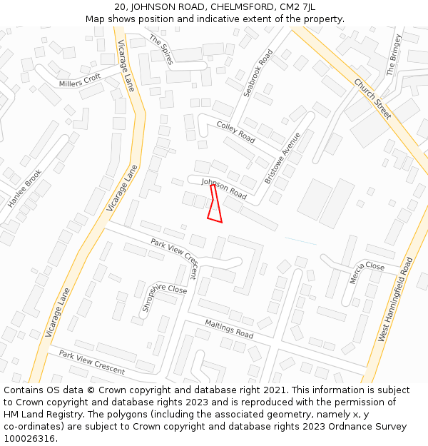 20, JOHNSON ROAD, CHELMSFORD, CM2 7JL: Location map and indicative extent of plot