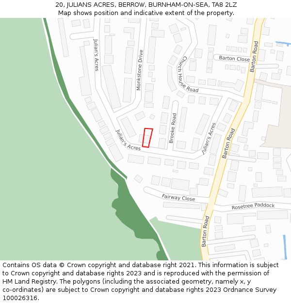 20, JULIANS ACRES, BERROW, BURNHAM-ON-SEA, TA8 2LZ: Location map and indicative extent of plot