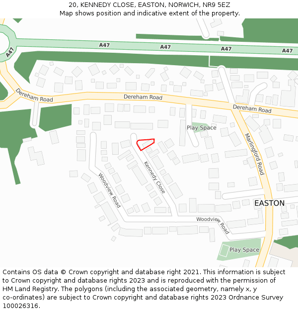 20, KENNEDY CLOSE, EASTON, NORWICH, NR9 5EZ: Location map and indicative extent of plot