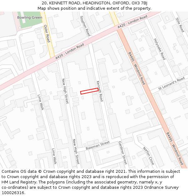 20, KENNETT ROAD, HEADINGTON, OXFORD, OX3 7BJ: Location map and indicative extent of plot