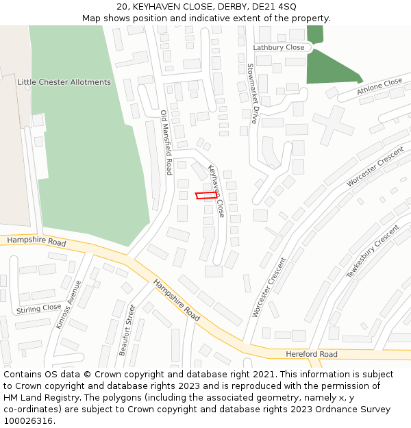 20, KEYHAVEN CLOSE, DERBY, DE21 4SQ: Location map and indicative extent of plot