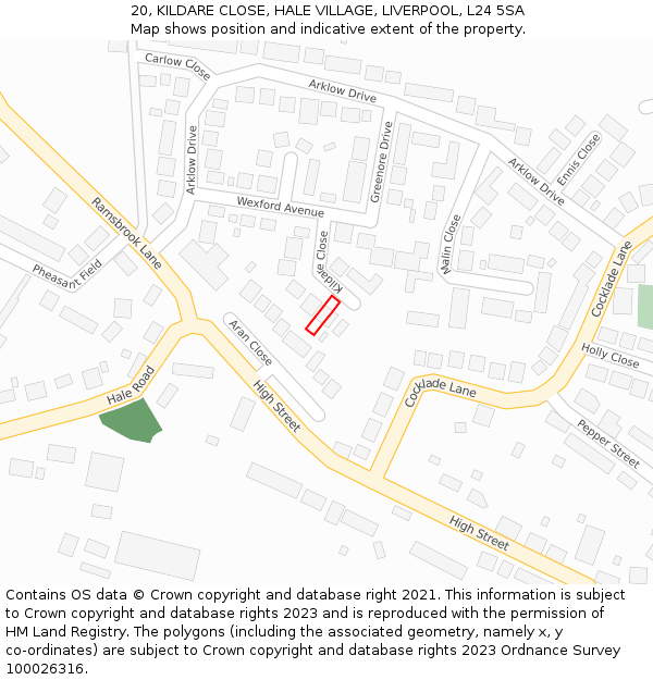 20, KILDARE CLOSE, HALE VILLAGE, LIVERPOOL, L24 5SA: Location map and indicative extent of plot