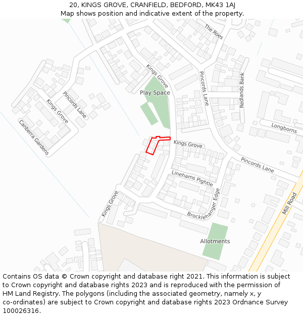 20, KINGS GROVE, CRANFIELD, BEDFORD, MK43 1AJ: Location map and indicative extent of plot