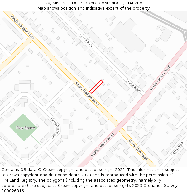 20, KINGS HEDGES ROAD, CAMBRIDGE, CB4 2PA: Location map and indicative extent of plot