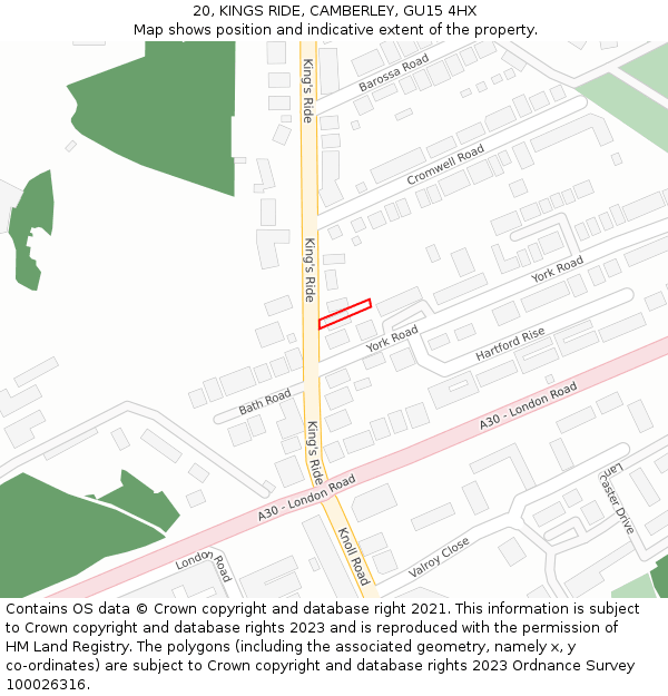20, KINGS RIDE, CAMBERLEY, GU15 4HX: Location map and indicative extent of plot