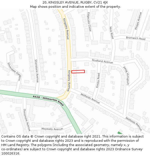 20, KINGSLEY AVENUE, RUGBY, CV21 4JX: Location map and indicative extent of plot