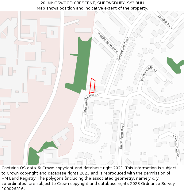 20, KINGSWOOD CRESCENT, SHREWSBURY, SY3 8UU: Location map and indicative extent of plot