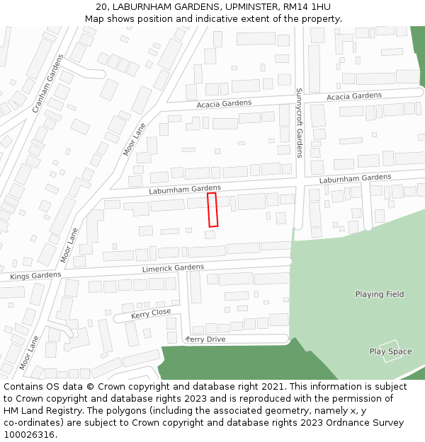 20, LABURNHAM GARDENS, UPMINSTER, RM14 1HU: Location map and indicative extent of plot