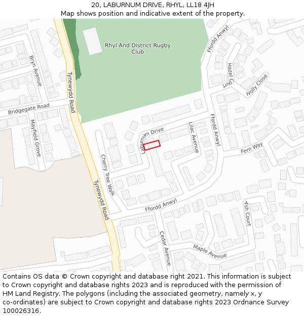 20, LABURNUM DRIVE, RHYL, LL18 4JH: Location map and indicative extent of plot