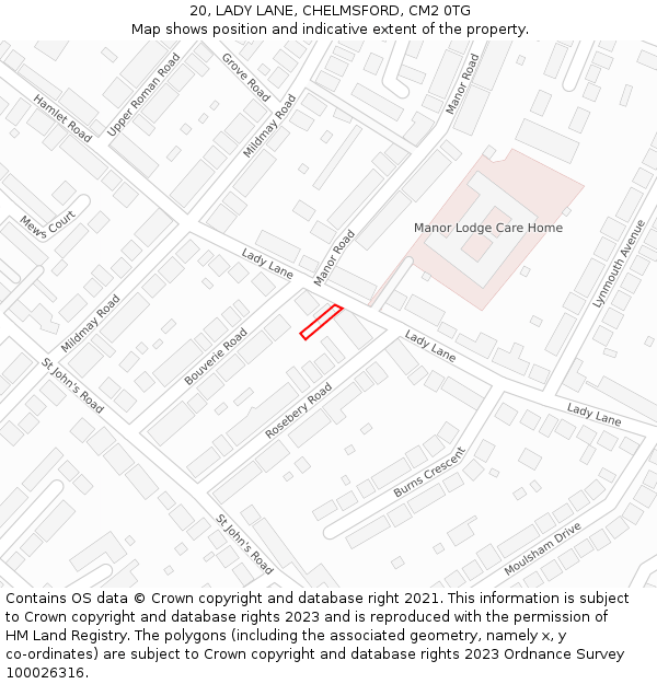 20, LADY LANE, CHELMSFORD, CM2 0TG: Location map and indicative extent of plot