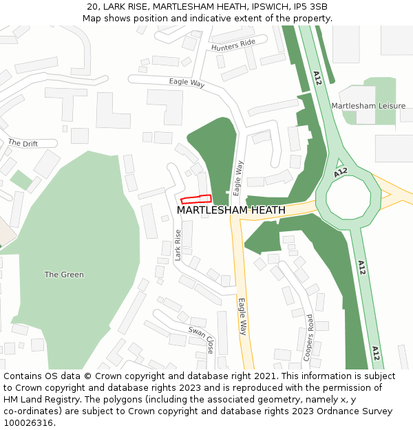 20, LARK RISE, MARTLESHAM HEATH, IPSWICH, IP5 3SB: Location map and indicative extent of plot