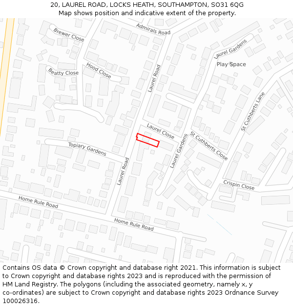 20, LAUREL ROAD, LOCKS HEATH, SOUTHAMPTON, SO31 6QG: Location map and indicative extent of plot