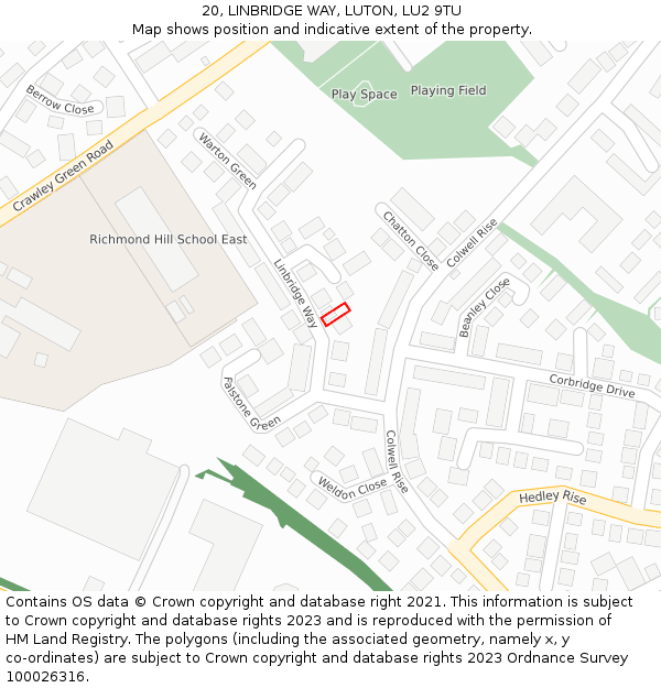 20, LINBRIDGE WAY, LUTON, LU2 9TU: Location map and indicative extent of plot