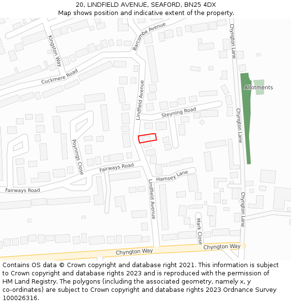 20, LINDFIELD AVENUE, SEAFORD, BN25 4DX: Location map and indicative extent of plot