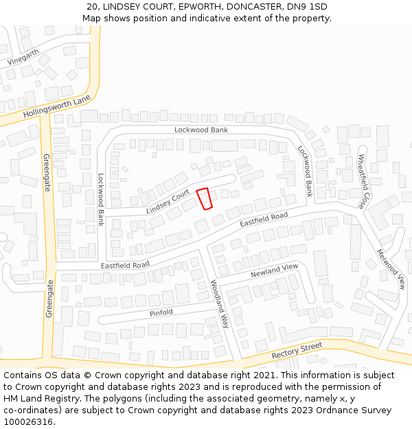 20, LINDSEY COURT, EPWORTH, DONCASTER, DN9 1SD: Location map and indicative extent of plot