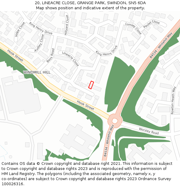 20, LINEACRE CLOSE, GRANGE PARK, SWINDON, SN5 6DA: Location map and indicative extent of plot