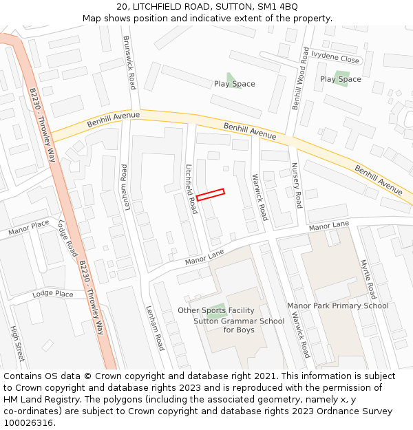 20, LITCHFIELD ROAD, SUTTON, SM1 4BQ: Location map and indicative extent of plot