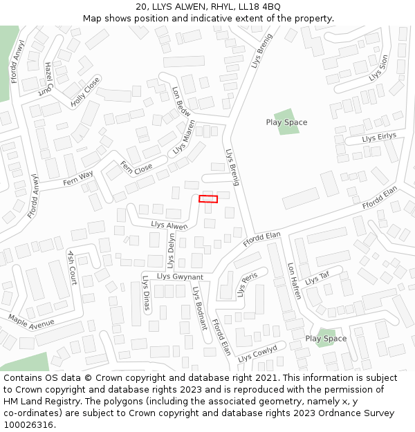 20, LLYS ALWEN, RHYL, LL18 4BQ: Location map and indicative extent of plot